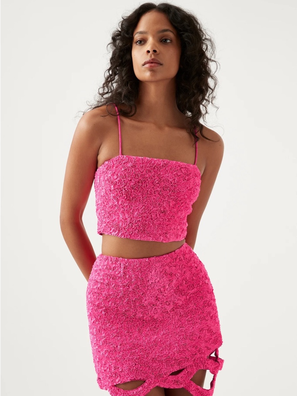 AJE Runway ‘Evelyn’ Sequin Embellished Hot Pink Cropped Top Sz US 6 $395